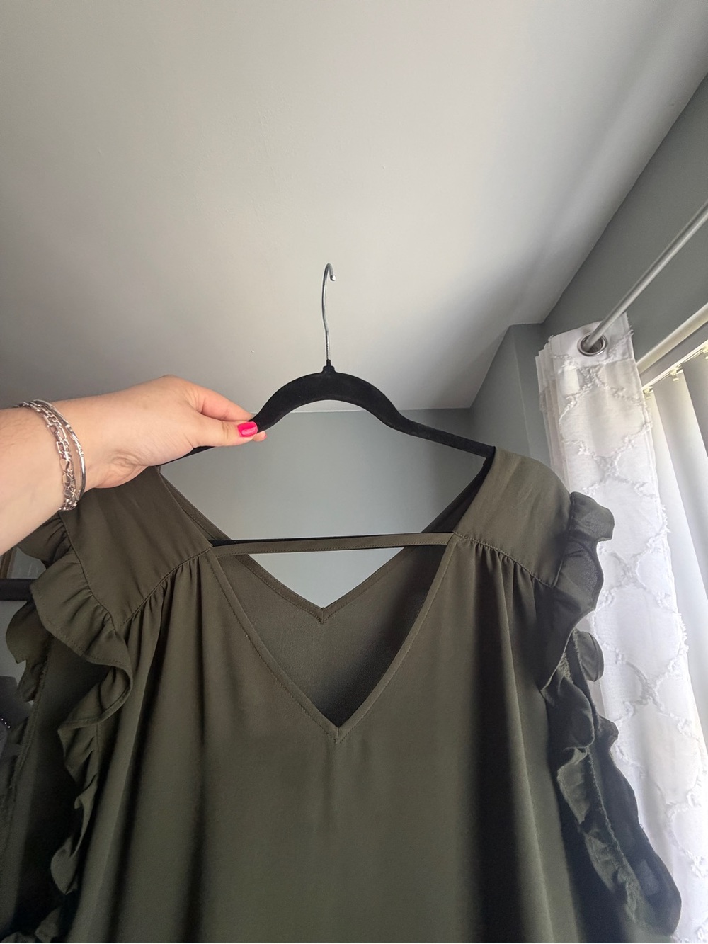 LOFT Olive Green Ruffle Sleeve V-Neck Blouse